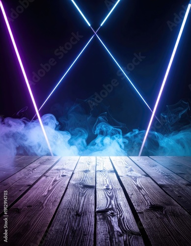 Vibrant neon light beams intersect over a smoky wooden stage.