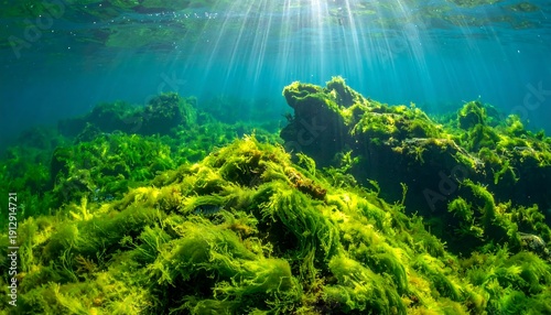 Sunlit underwater landscape with vibrant green algae blanketing rocks and seabed, creating a serene, natural habitat