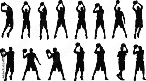Set of Black Silhouettes of Professional Basketball Players in Action Poses Shooting and Dribbling the Ball Isolated on White Background for Sports Design.