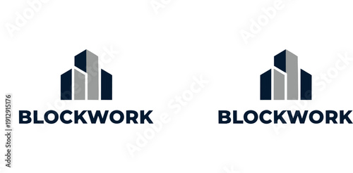 Professional vector logo design for “BLOCKWORK” featuring bold geometric bars in staggered formation, symbolizing construction, architecture, structure, and modern corporate branding.