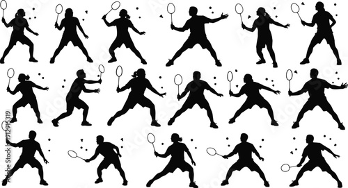 Set of Black Silhouettes of Male and Female Professional Badminton Players in Various Action Poses with Rackets and Shuttlecocks Isolated on White Background for Sports Design.