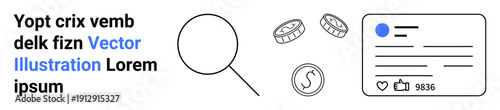 Data analytics, digital marketing, financial tracking, online identity, social media engagement, user interface design. Magnifying glass, coins profile card. Data analytics and digital marketing