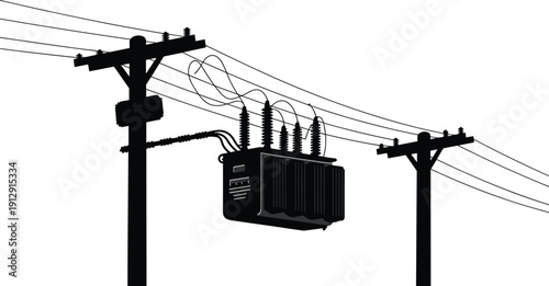 Black vector silhouette of electrical power lines with utility poles and a high voltage transformer for energy distribution infrastructure industrial engineering and electricity supply,