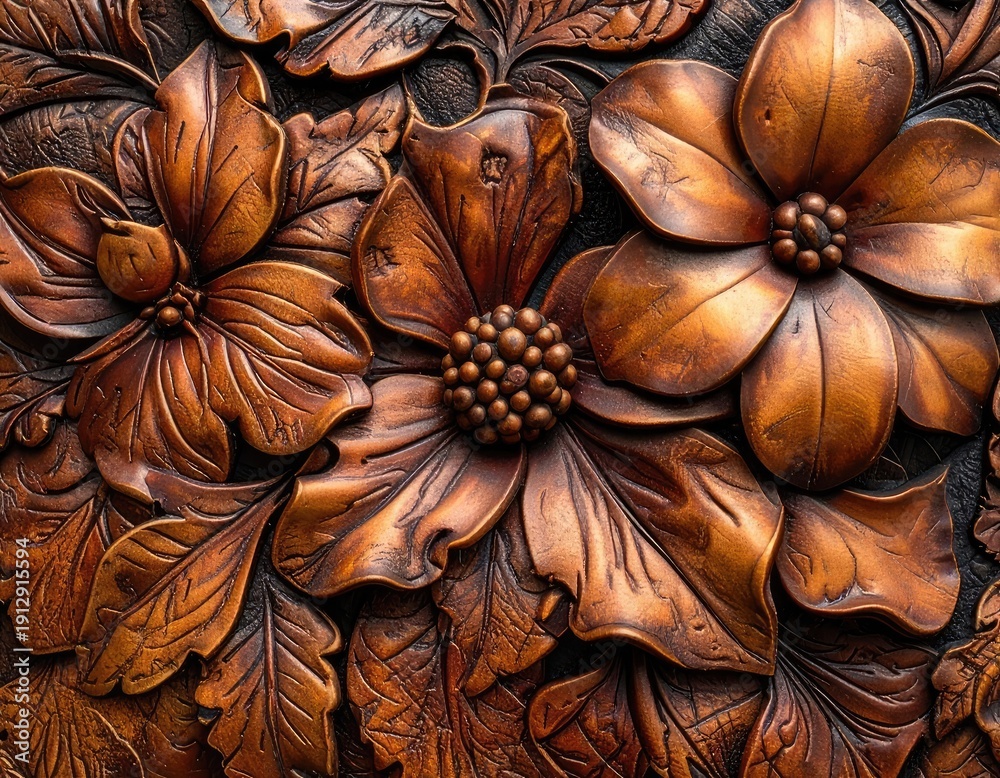 Fototapeta premium Intricate Close-up of a Richly Detailed Copper-Toned Floral Wood Carving.