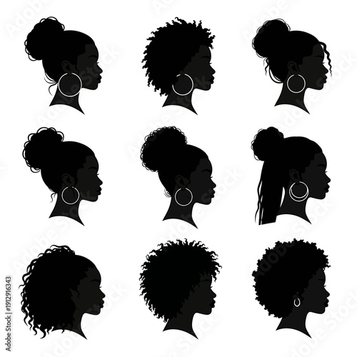 Diverse female profiles silhouetted in various hairstyles and accessories, showcasing cultural identity and personal style in a clean graphic illustration from a straightforward viewpoint