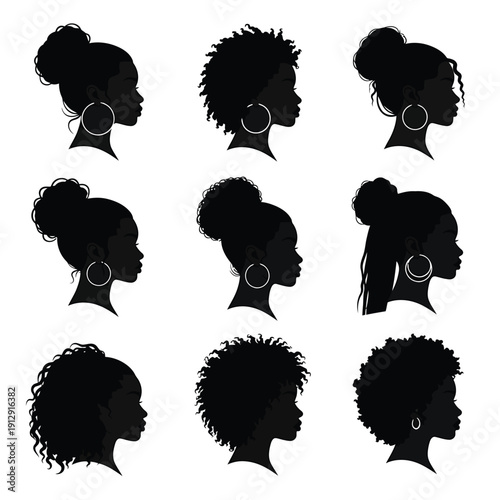 Collection of silhouetted women's profiles with varied hairstyles and earrings, viewed from the side in a grid arrangement.