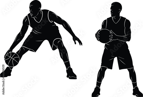 Black silhouette vector illustration of a professional basketball player dribbling and holding a ball in two athletic dynamic sports poses