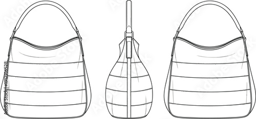 Front side and back view curved shoulder handbag technical flat sketch with stitched panels modern fashion accessory template