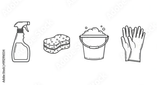 Cleaning Supplies Icon Set: Spray Bottle, Sponge, Bucket with Soap, and Gloves
