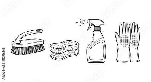 Cleaning Supplies Set: Brush, Sponge, Spray Bottle, and Gloves - Vector Illustration