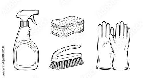 Cleaning Supplies Set: Spray Bottle, Sponge, Brush, Gloves - Hand Drawn Illustration