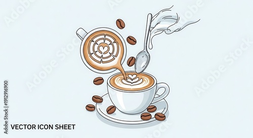 Coffee Art Pouring: Latte Art Heart & Maze Design in Cup with Beans