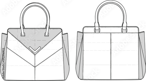 Front and back view geometric women handbag technical flat sketch with top handles modern fashion accessory design template