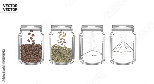 Coffee Beans to Powder: Four Jars Show Grinding Stages, From Whole to Fine