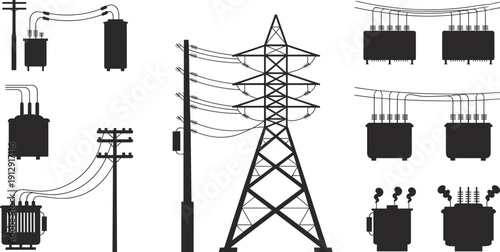 Black vector silhouette set of electrical power lines high voltage transmission towers and various utility transformers for energy distribution industrial engineering and electricity supply