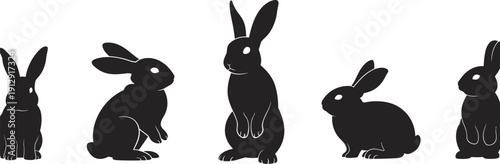 Five black silhouette rabbits in different poses on a white background