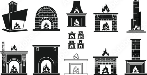 Collection of various fireplace and chimney silhouettes featuring brick wood burning stoves and modern hearth designs isolated on white background for interior decor