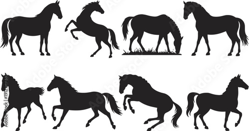 Eight black silhouette horses in various dynamic poses on a white background