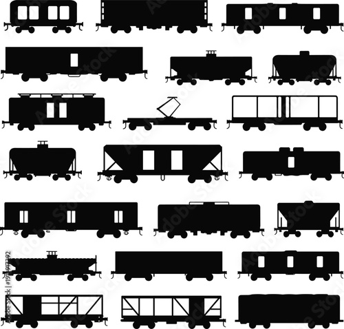 Train wagon silhouette icon set, black railway freight cargo and passenger railcar vector collection isolated transportation design