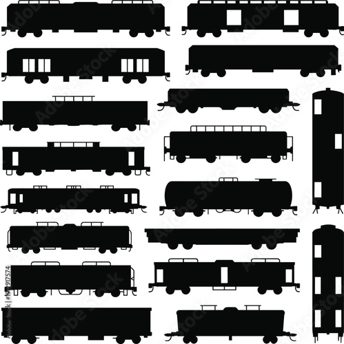 Train wagon silhouette set, black railway freight and passenger railcar vector collection isolated transportation illustration
