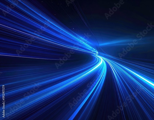 Abstract visualization of high-speed light trails on a dark blue background.