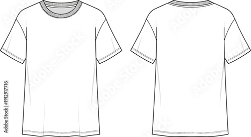 Front and back view classic crew neck t shirt technical flat sketch for fashion apparel design template