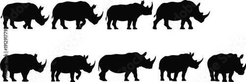 Silhouettes of Rhinos in Various Poses on White Background black