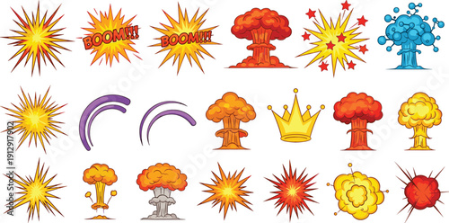 Cartoon Explosion Effect Icon Set with Fire Blasts, Boom Bursts, Comic Action Symbols, Smoke Clouds, and Nuclear Mushroom Effects for Game and Motion Design
