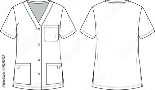 Front and back view medical scrub top technical flat sketch with buttons pockets short sleeves apparel template for uniform design production