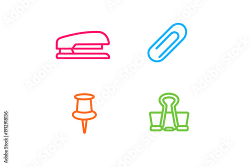 A collection of four vibrant line art icons representing common office stationery items like a stapler, paperclip, thumbtack, and binder clip set against a dark background.