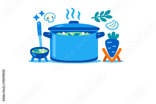 A stylized flat illustration of a blue soup pot with steam, accompanied by a ladle, a small bowl, a mushroom, a carrot, and garlic cloves on a dark background.