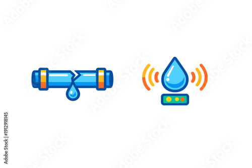 A flat vector illustration showing a cracked blue pipe leaking water next to a digital sensor icon with signal waves, representing a smart leak detection system.