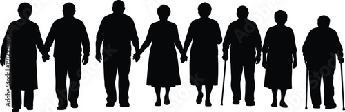 Full body black silhouettes of diverse elderly men and women walking in a line holding hands and using walking canes isolated on white.