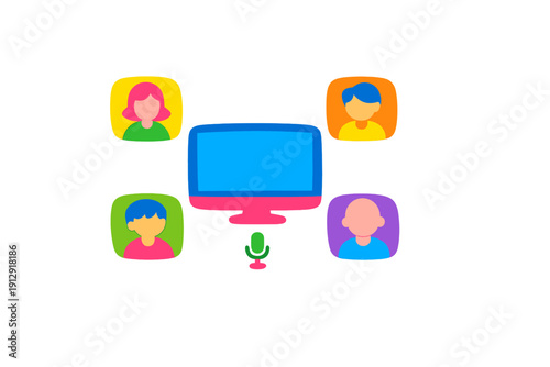 A colorful illustration of a computer monitor surrounded by four diverse human avatars and a microphone icon, representing a virtual meeting or online video conference.