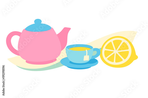 A colorful illustration featuring a pink teapot with a blue lid, a matching blue teacup with a tea bag on a saucer, and a bright yellow lemon slice against a dark background.