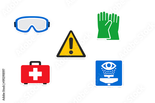 This image features five safety-related stickers on a black background, including protective goggles, green gloves, a warning triangle, a red first aid kit, and an eye wash sign.