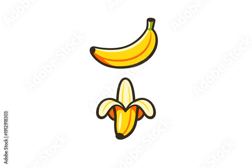 This graphic features two stylized banana icons against a dark backdrop. The top image shows a whole yellow banana, while the bottom one depicts a partially peeled fruit.
