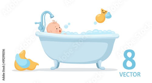 Baby taking a bath in a blue bathtub with rubber ducks and a faucet running water vector illustration