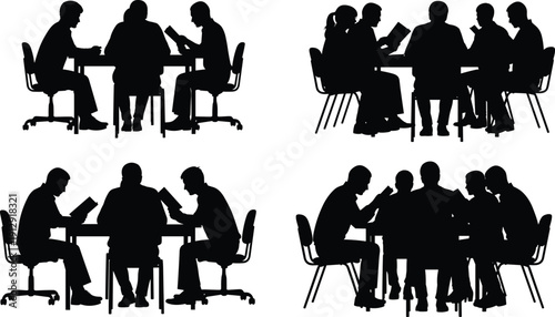 Professional Business Team Meeting Silhouettes Set, People Sitting at Table Working and Collaborating Together, Office Corporate Group Vector Illustration Isolated,