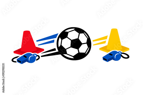 A digital illustration featuring a red and a yellow sports cone, each paired with a blue whistle against a black background, representing coaching and athletic training equipment.