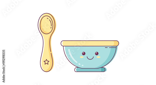A baby's feeding essentials, a spoon and bowl, depicted in a cute cartoon illustration, on a plain background, viewed from the front.