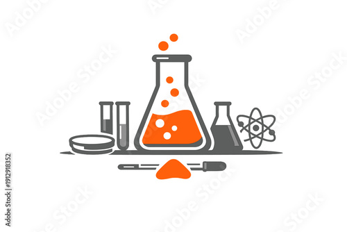A flat vector illustration of laboratory equipment including an Erlenmeyer flask with orange liquid, test tubes, a petri dish, and an atom symbol on a black background.