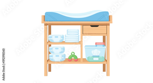 A baby's high chair with storage shelves and a changing pad on top, containing various baby supplies and toys, viewed from the front.