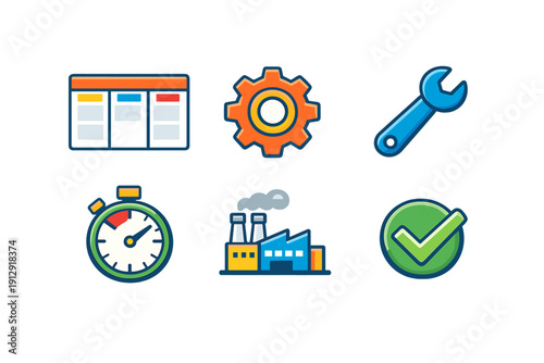 Six colorful flat icons representing industry and production including a gear, wrench, factory, stopwatch, checkmark, and a project board isolated on a black background.