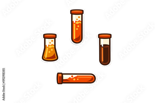 This illustration features four stylized laboratory containers, including test tubes and a conical flask, filled with bubbling orange and dark brown liquids on a black backdrop.