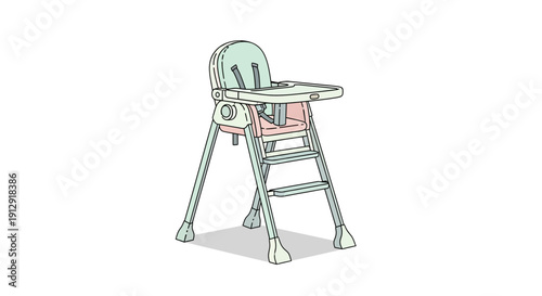 Illustration of a baby's high chair with a tray and safety harness in a nursery setting