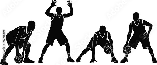 Basketball Player Silhouette Set in Action Poses Dribbling and Defensive Stance Vector Illustration