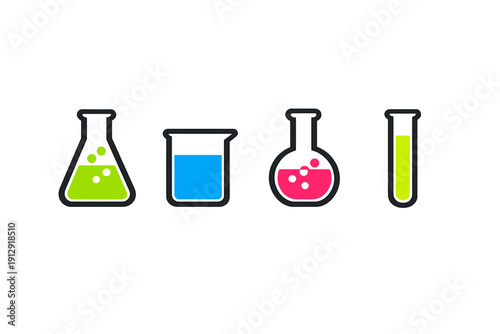 A set of four colorful laboratory glassware icons including an Erlenmeyer flask, beaker, round-bottom flask, and test tube filled with vibrant liquids on a black background.