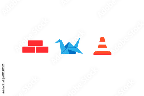 Three distinct icons representing construction bricks, a blue origami bird, and an orange traffic cone are centered horizontally on a plain black background.