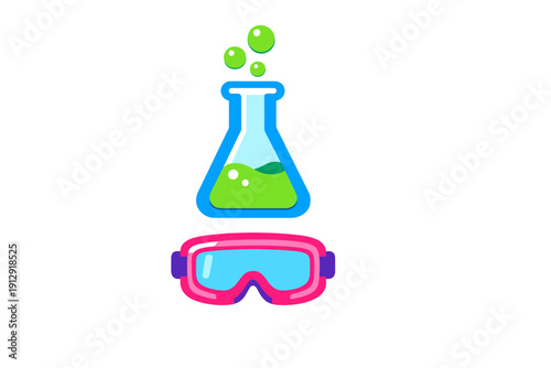 This colorful vector illustration features a blue laboratory flask filled with bubbling green liquid positioned above a pair of pink and blue safety goggles on a solid black background.